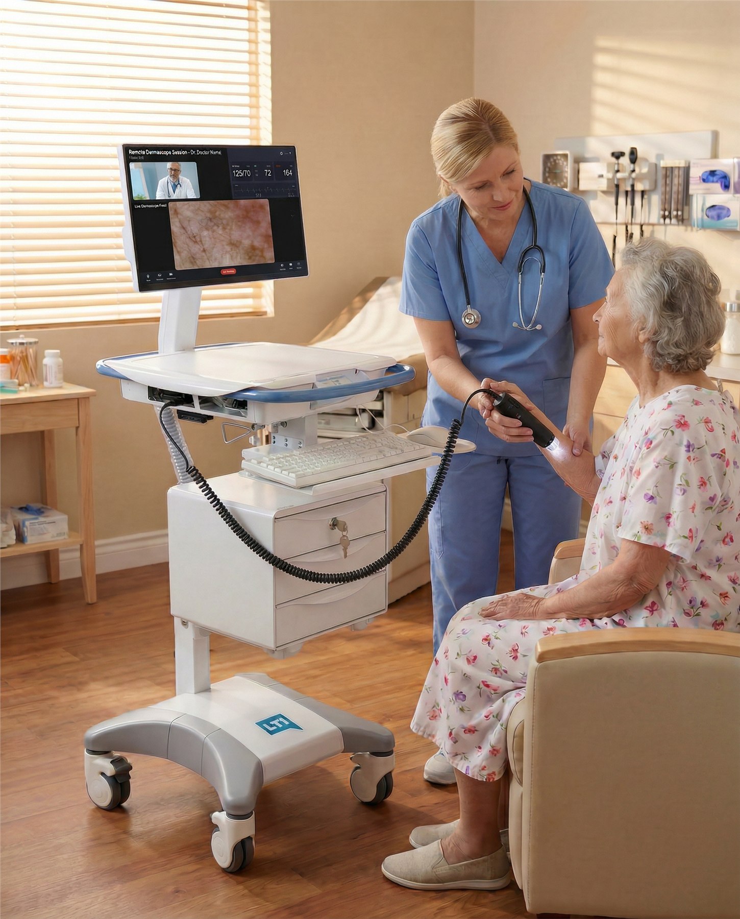 Clinician using a connected examination scope with the LTI J20EV medcart in assisted living